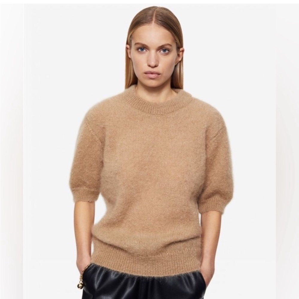 ANINE BING Corey Brushed Mohair-blend Short Sleeve Sweater In Camel